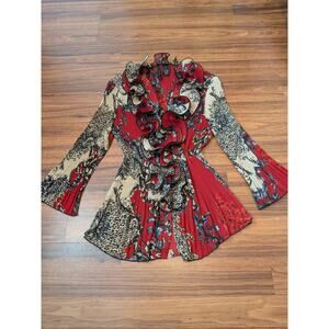 New Directions Y2K Ruffle Blouse Red Baroque Animal Print Stretch Top- Size M